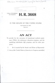 Cover of An act to provide for the extension of transitional medical assistance (TMA), the abstinence education program, and the qualifying individuals (QI) program, and for other purposes by United States. Congress. Senate