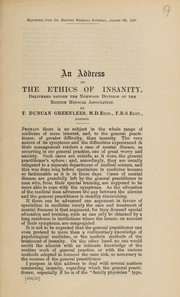Front cover of An address on the ethics of insanity by T. Duncan Greenlees