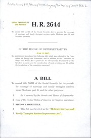 Cover of A bill to amend title XVIII of the Social Security Act to provide for coverage of marriage and family therapist services under Medicare part B, and for other purposes by United States. Congress. House