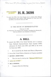 Cover of A bill to amend title XIX of the Social Security Act to continue State Medicaid disproportionate share hospital (DSH) allotments for fiscal years 2001 and 2002 at the levels for fiscal year 2000 by United States. Congress. House