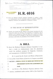 Cover of A bill to direct the Medicare Payment Advisory Commi[ssion] to conduct a study on reimbursement rates for physicians under the Medicare program for diagnosis, treatment, and management of Alzheimer's disease by United States. Congress. House