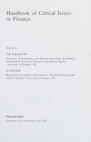 Cover of Handbook of critical issues in finance by Jan Toporowski