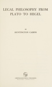 Cover of Legal philosophy from Plato to Hegel by Huntington Cairns