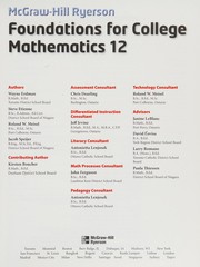 Front cover of McGraw-Hill Ryerson foundations for college mathematics 12 by Wayne Erdman
