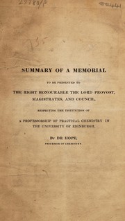 Front cover of Summary of a memorial to be presented to the Right Honourable the Lord Provost ... respecting the institution of a professorship of practical chemistry in the University of Edinburgh by Thomas Charles Hope