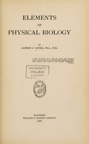 Front cover of Elements of physical biology by Alfred J. Lotka