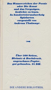 Front cover of Das Wasserzeichen der Poesie oder Die Kunst und das Vergnügen, Gedichte zu lesen. In hundertvierundsechzig Spielarten by Hans Magnus Enzensberger