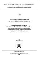 Front cover of Zur Sprache des Reformators Andreas Bodenstein von Karlstadt by Armin Krause