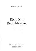 Front cover of Récit écrit, récit filmique by Francis Vanoye