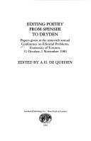 Front cover of Editing poetry from Spenser to Dryden by Conference on Editorial Problems (16th 1980 University of Toronto)