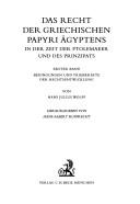 Cover of Das Recht der griechischen Papyri Ägyptens in der Zeit der Ptolemaeer und des Prinzipats by Wolff, Hans Julius