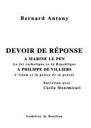 Cover of Devoir de réponse à Marine Le Pen, à Philippe de Villiers by Bernard Antony