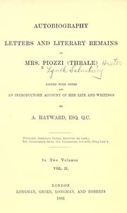 Cover of Autobiography, letters and literary remains of Mrs. Piozzi (Thrale) by Hester Lynch Piozzi