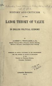 Front cover of History and criticism of the labor theory of value in English political economy by Albert Conser Whitaker
