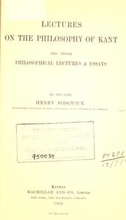 Front cover of Lectures on the philosophy of Kant by Henry Sidgwick