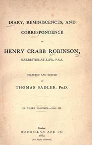 Cover of Diary, reminiscences, and correspondence of Henry Crabb Robinson .. by Henry Crabb Robinson