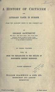 Front cover of A history of criticism and literary taste in Europe from the earliest texts to the present day by Saintsbury, George