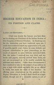Front cover of Higher education in India: its position and claims by West, Raymond Sir