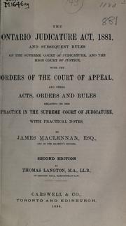 Front cover of The Ontario Judicature Act, 1881 by James Maclennan