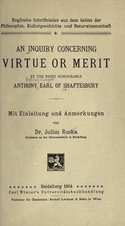 Cover of An inquiry concerning virtue or merit by Anthony Ashley Cooper Earl of Shaftesbury