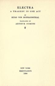 Front cover of Electra, a tragedy in one act by Hugo von Hofmannsthal