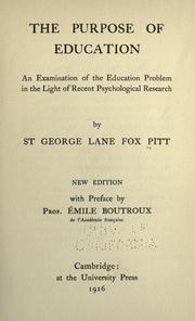 Front cover of The purpose of education by Pitt, St. George Lane-Fox.