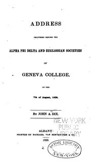 Front cover of Address delivered before the Alpha Phi Delta and Euglossian societies of Geneva College, on the 7th of August, 1839 by John A. Dix