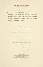 Front cover of The Legal and Governmental Terms common to the Macedonian Greek Inscriptions and the New Testament by William Duncan Ferguson