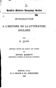 Front cover of Introduction à L'histoire de la littérature anglaise by Hippolyte Taine