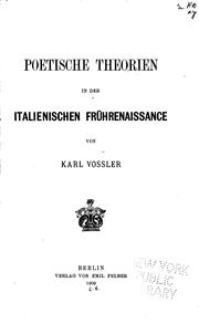 Front cover of Poetische theorien in der italienischen frührenaissance by Karl Vossler