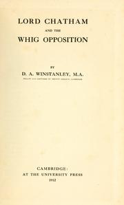 Front cover of Lord Chatham and the Whig opposition by D. A. Winstanley