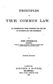 Cover of Principles of the Common Law: An Elementary Work Intended for the Use of Students and the Profession by John Indermaur