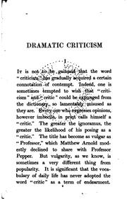 Front cover of Dramatic Criticism: Three Lectures Delivered at the Royal Institution, February 1903 by Arthur Bingham Walkley