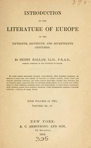 Front cover of Introduction to the literature of Europe in the fifteenth, sixteenth, and seventeenth centuries by Henry Hallam