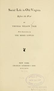 Front cover of Social life in old Virginia before the war by Thomas Nelson Page