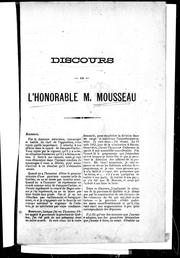 Front cover of Discours de l'Honorable M. Mousseau by Joseph Alfred Mousseau
