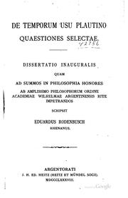 Front cover of De temporum usu Plautino quaestiones selectae by Eduard Rodenbusch