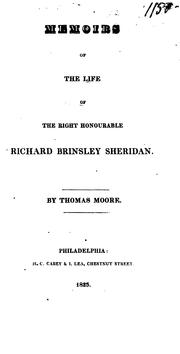 Front cover of Memoirs of the life of the Right Honorable Richard Brinsley Sheridan by Thomas Moore