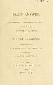 Front cover of A plain answer to the misrepresentations and calumnies contained in The cursory remarks of a near observer by Thomas Peregrine Courtenay