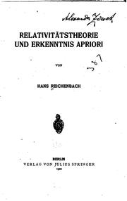 Front cover of Relativitätstheorie und Erkenntnis Apriori by Hans Reichenbach