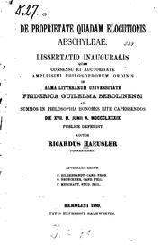 Front cover of De proprietate quadam elocutionis Aeschyleae by Richard Haeusler