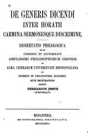 Cover of De generis dicendi inter Horatii carmina sermonesque discrimine: Dissertatio philolgica, [Rostock]. by Gerhard Beste