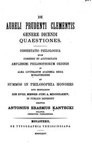 Front cover of De Aureli Prudenti Clementis genere dicendi quaestiones.. by A. E. Kantecki