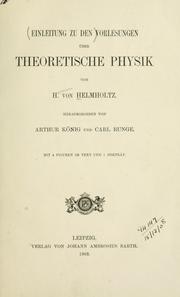 Front cover of Einleitung zu den Vorlesungen über theoretische Physik by Hermann von Helmholtz