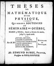 Front cover of Thèses de mathématique et de physique qui seront soutenues au Séminaire de Québec by Burke, Edmund