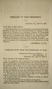 Cover of [Communication from the secretary of war, submitting the estimate of additional appropriations required by the department, in consequence of recent legislation] by Confederate States of America. War Dept.