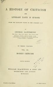 Front cover of A history of criticism and literary taste in Europe from the earliest texts to the present day by Saintsbury, George