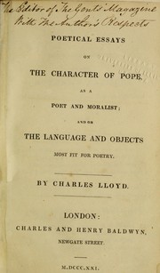 Front cover of Poetical essays on the character of Pope by Lloyd, Charles