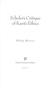 Front cover of Scheler's critique of Kant's ethics by Philip Blosser