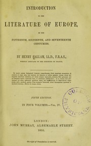 Front cover of Introduction to the literature of Europe, in the 15th, 16th and 17th centuries by Henry Hallam